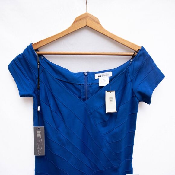 Tadashi Dress XL Sapphire Blue Sheath Off the Shoulder Cocktail Bodycon Occasion - Picture 2 of 11